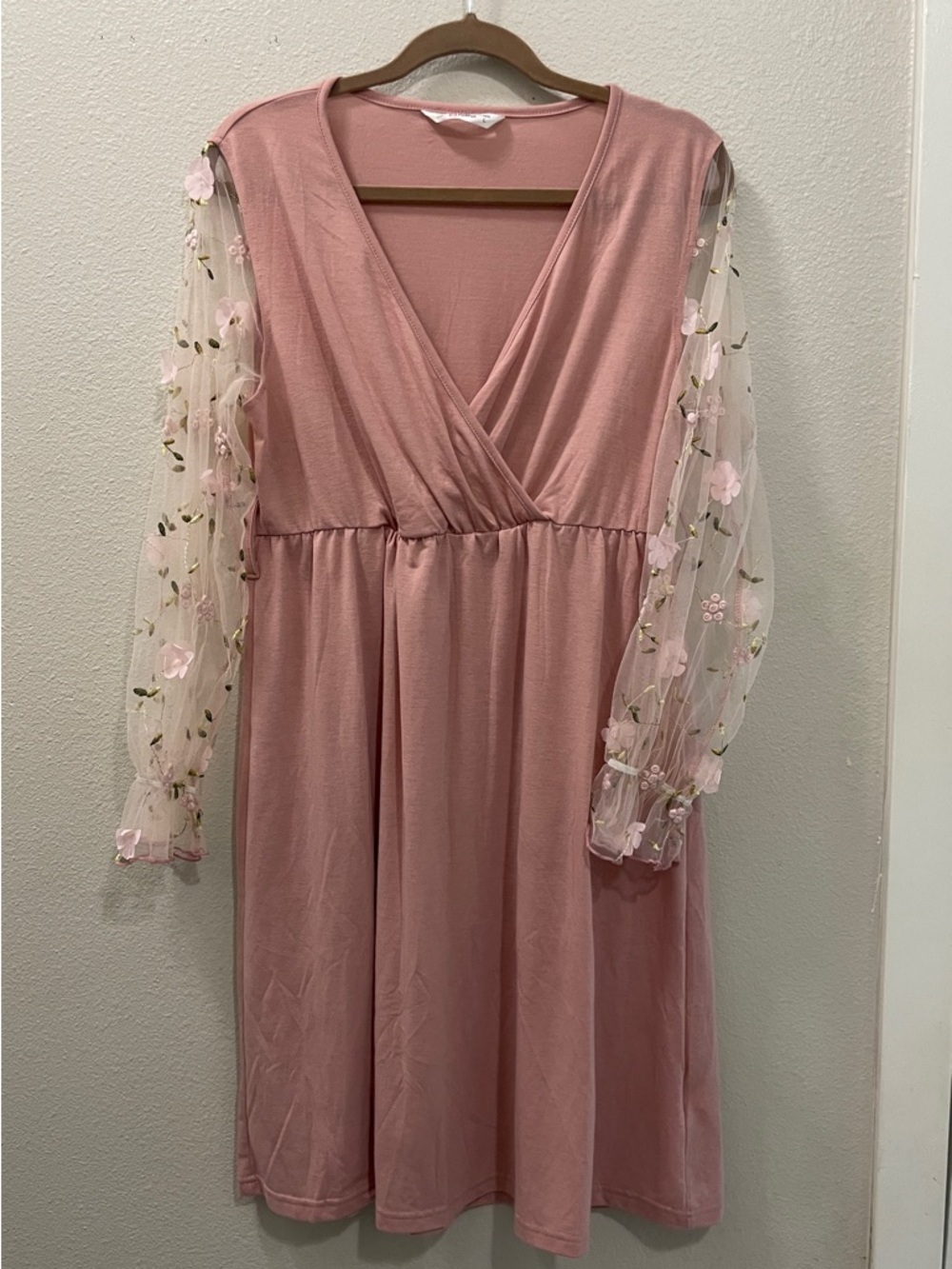 PatPat Dusty Rose Dress with Sheer Floral Sleeves